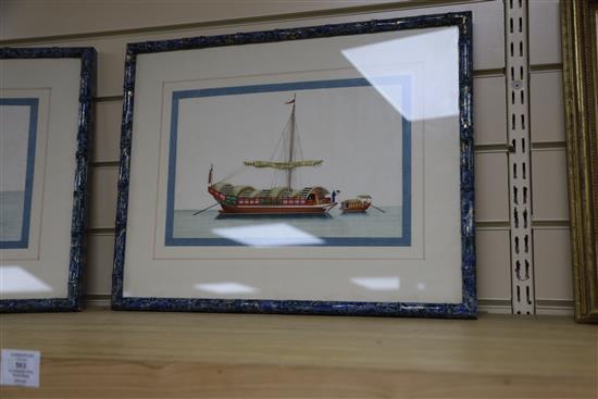 Four 19th century Chinese gouaches on pith paper, depicting junks and watercraft, 20 x 32cm